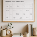 Un planning minimaliste clair avec des notes et une tasse de café, symbolisant l'organisation familiale.