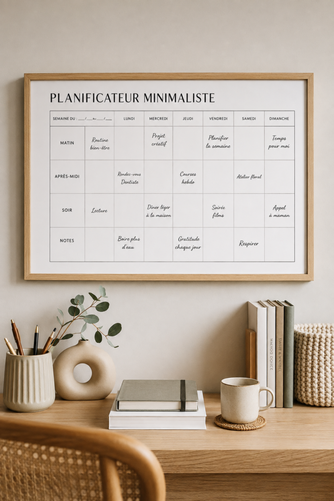 Un planning minimaliste clair avec des notes et une tasse de café, symbolisant l'organisation familiale.