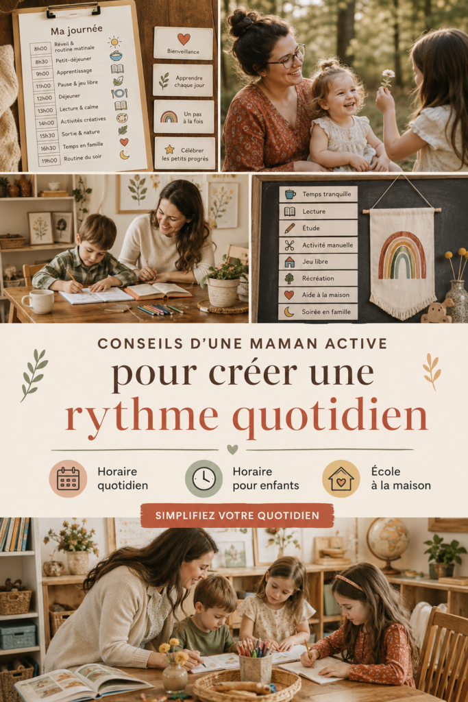 Une maman et ses enfants s'organisent autour d'un tableau de routine quotidien