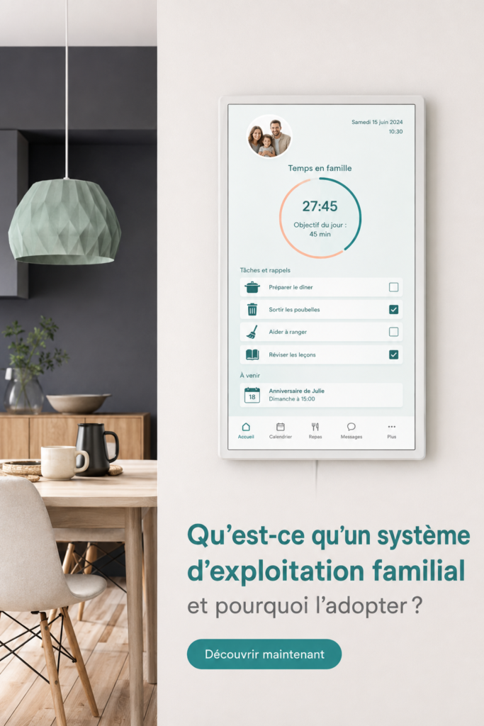 Illustration d'une famille organisée autour d'une table de travail avec des outils de planification.
