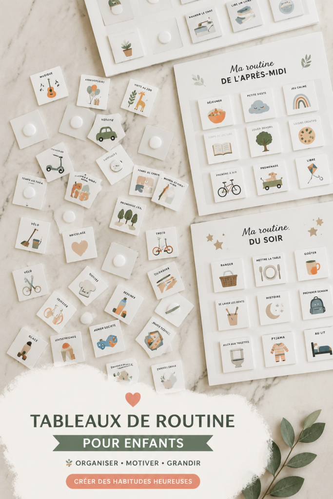 Un tableau coloré de routine pour enfants affiché dans une chambre, avec des illustrations ludiques.