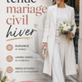Femme élégante porte une tenue gris clair pour un mariage civil en hiver.
