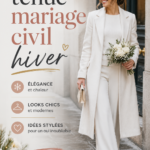 Femme élégante porte une tenue gris clair pour un mariage civil en hiver.