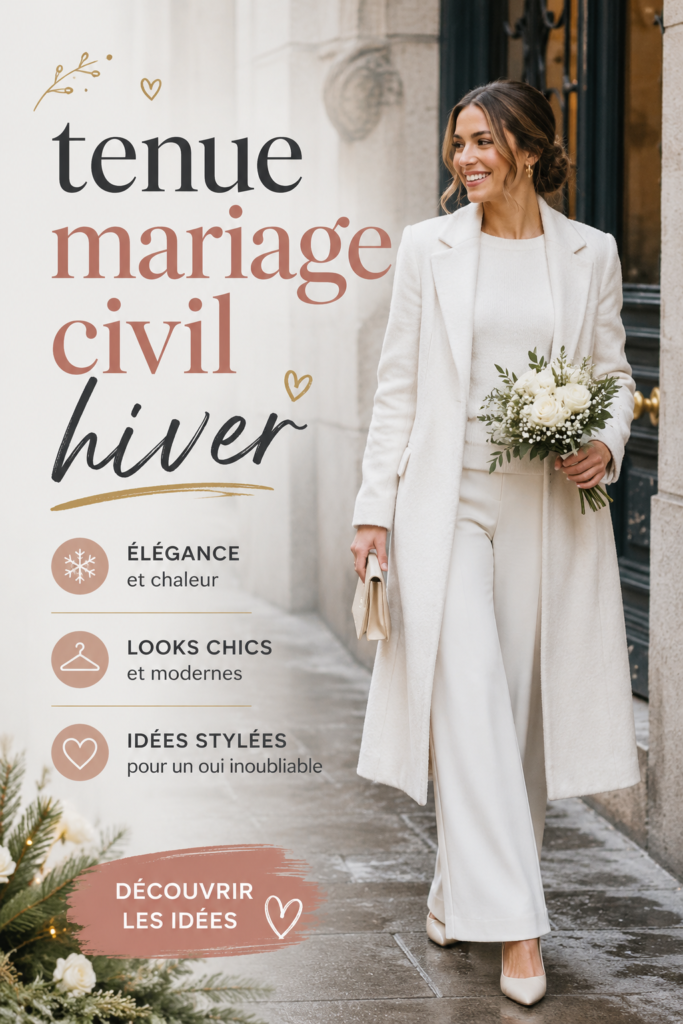Femme élégante porte une tenue gris clair pour un mariage civil en hiver.