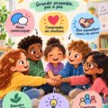 Affiches illustrant les compétences sociales pour les enfants dans un cadre éducatif.