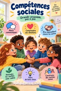 Affiches illustrant les compétences sociales pour les enfants dans un cadre éducatif.