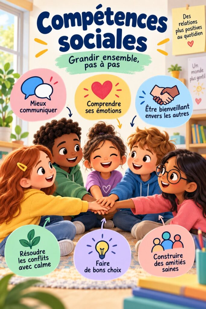 Affiches illustrant les compétences sociales pour les enfants dans un cadre éducatif.