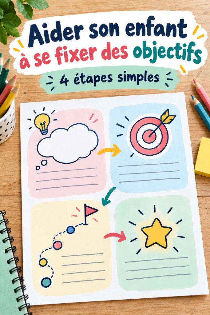 Un parent aidant son enfant à réfléchir à ses objectifs avec un carnet et des crayons.