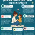 Une maman et ses enfants souriants dans un salon apaisant.