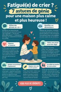 Une maman et ses enfants souriants dans un salon apaisant.