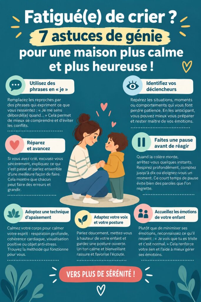Une maman et ses enfants souriants dans un salon apaisant.