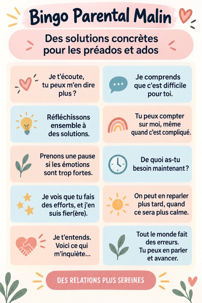 Une famille joue ensemble à un bingo parental, souriante et engagée.