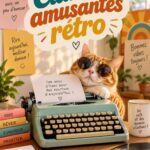 Une collection de citations rétro amusantes illustrées sur un fond coloré.