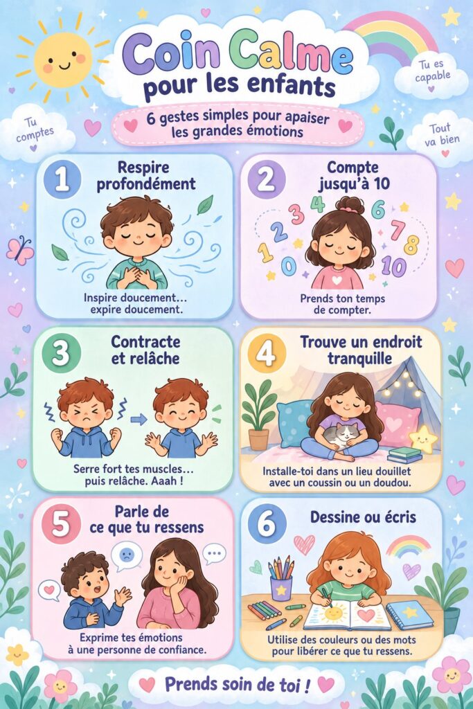 Un coin apaisant avec des coussins et des livres pour enfants.