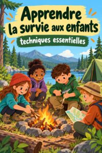 Un enfant apprenant à allumer un feu dans la nature, sur un fond verdoyant.