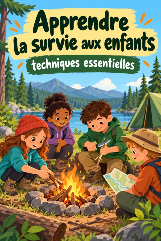 Un enfant apprenant à allumer un feu dans la nature, sur un fond verdoyant.