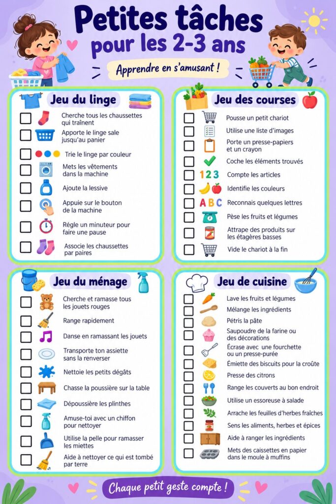 Un enfant de 3 ans aidant à ranger des jouets dans une pièce lumineuse.