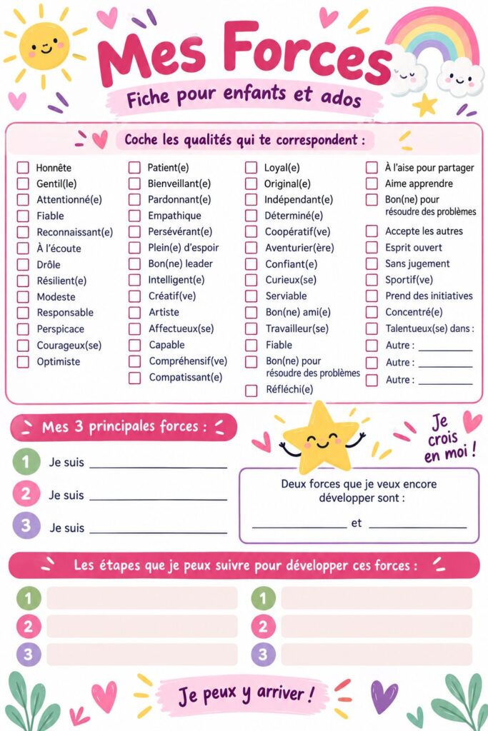 Enfant utilisant un worksheet pour découvrir ses forces