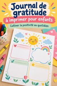 Enfant souriant écrivant dans son journal de gratitude avec des couleurs vives.