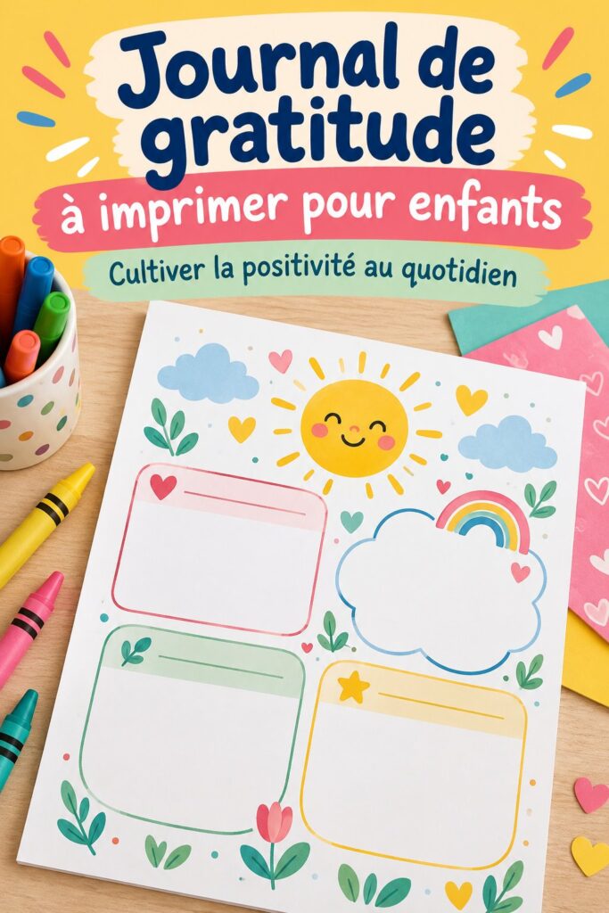 Enfant souriant écrivant dans son journal de gratitude avec des couleurs vives.