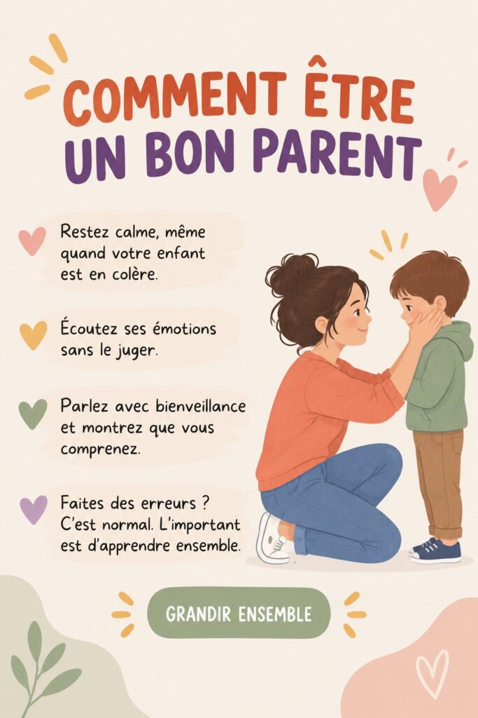 Un parent et son enfant discutent avec des expressions apaisées et souriantes.
