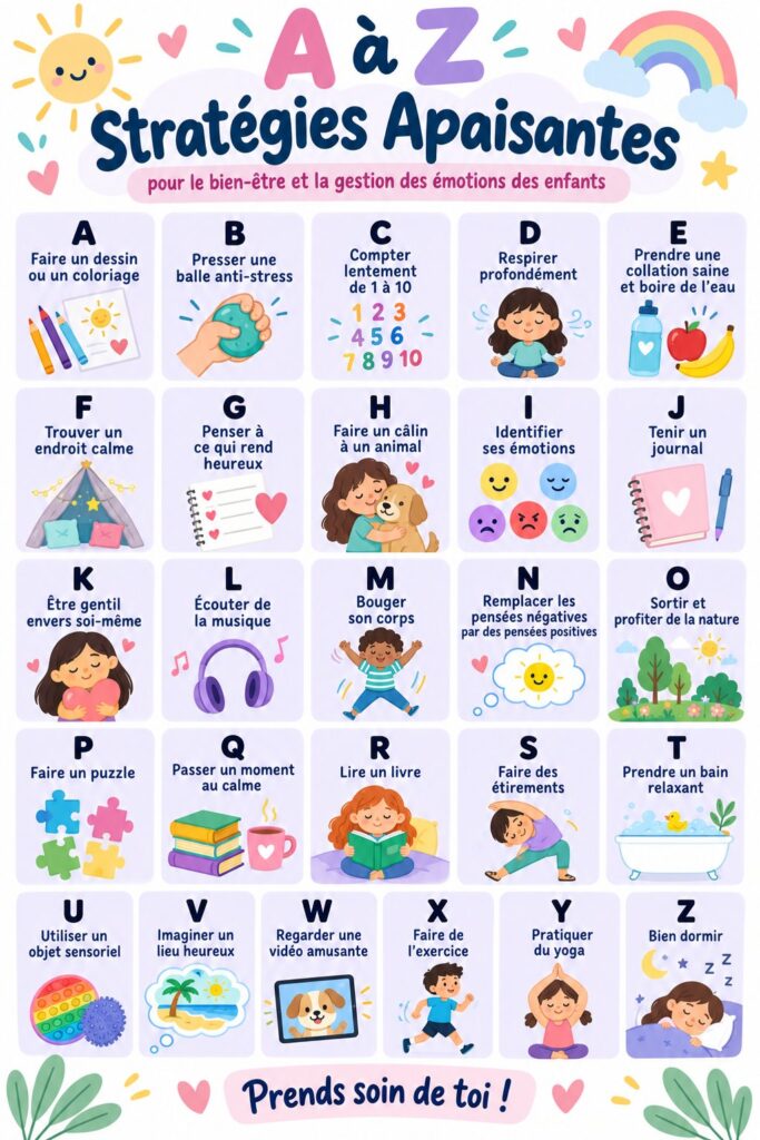 Affiche colorée illustrant des stratégies apaisantes pour enfants