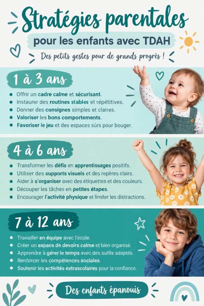 Un enfant heureux joué avec ses parents, illustrant le soutien familial dans le cadre du TDAH.