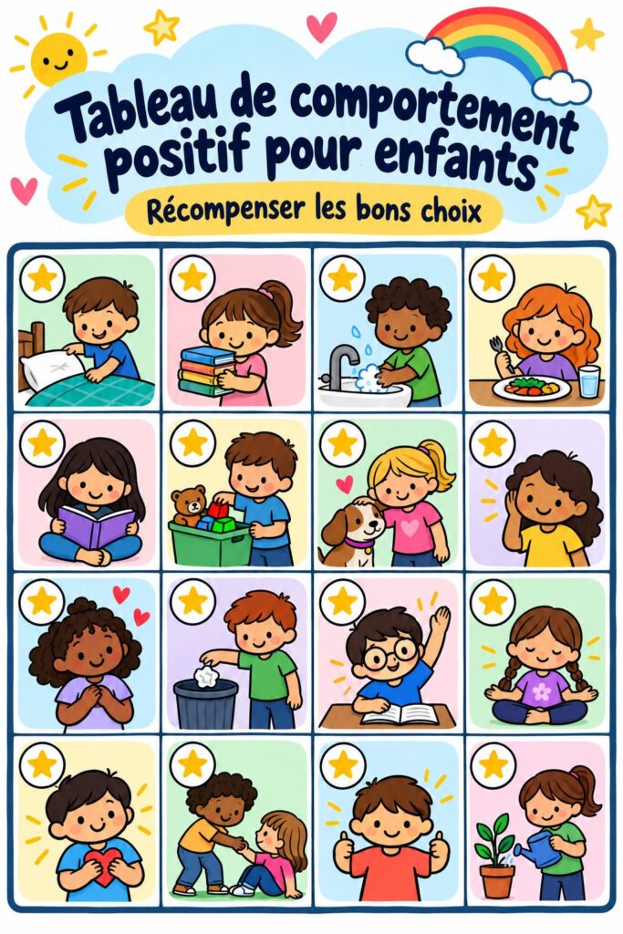 Un tableau de comportement coloré montrant des prix et des objectifs pour les enfants