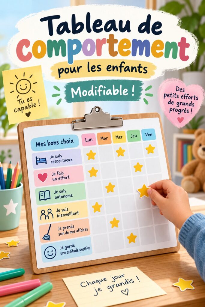 Un tableau de comportement coloré accroché au mur avec des étoiles et des récompenses.