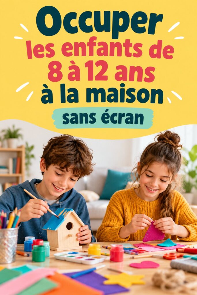 Enfants de 8 à 12 ans s'amusant lors d'activités créatives à la maison.