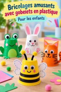 Enfants s'amusant à créer des bricolages avec des gobelets en plastique colorés.