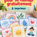 Un ensemble de cartes de relaxation colorées pour enfants, étalées sur une table.