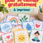 Un ensemble de cartes de relaxation colorées pour enfants, étalées sur une table.