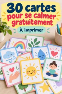 Un ensemble de cartes de relaxation colorées pour enfants, étalées sur une table.