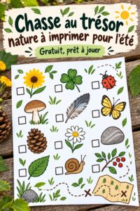Une famille heureuse jouant à une chasse au trésor nature en plein air.