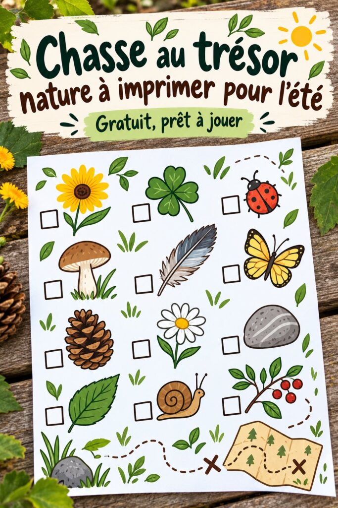 Une famille heureuse jouant à une chasse au trésor nature en plein air.