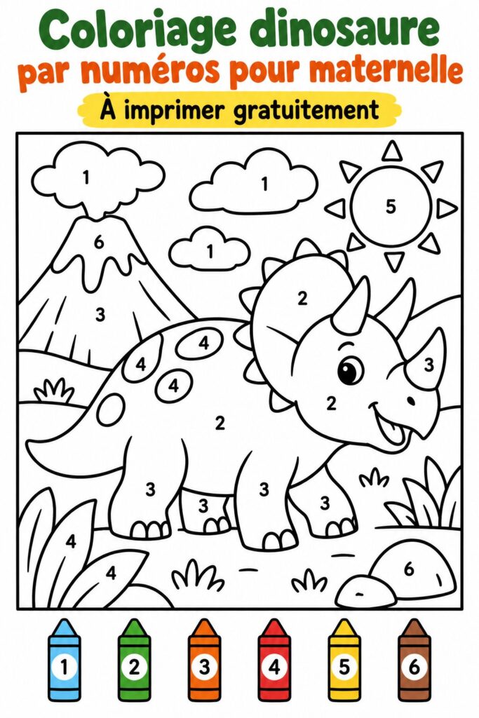 Coloriage dinosaure par numéros pour les enfants en maternelle.