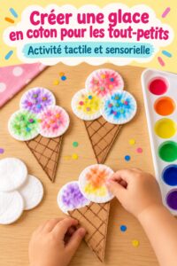 Un enfant s'amusant à créer une glace en coton colorée avec des matériaux de bricolage.