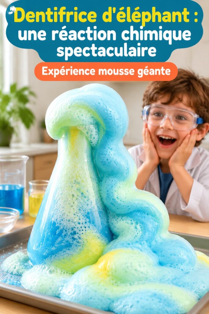 Un enfant observant la réaction spectaculaire du dentifrice d'éléphant dans un flacon.