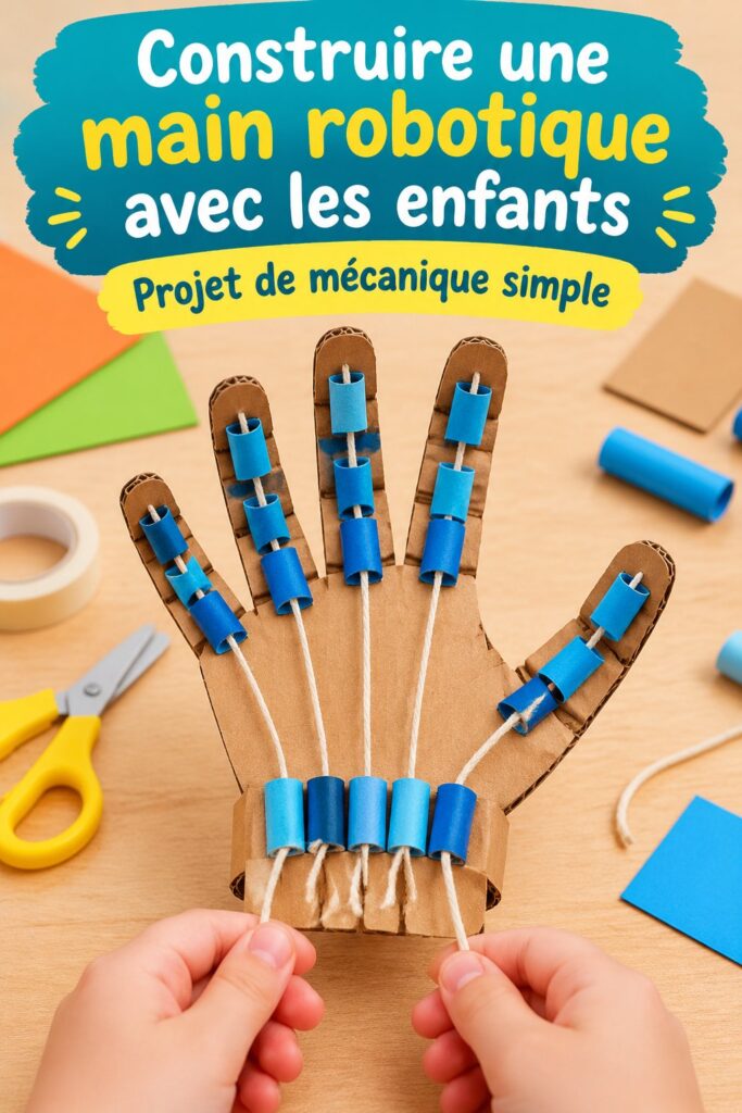 Image d'une main robotique fabriquée par des enfants, représentant un projet éducatif ludique.