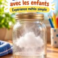 Un enfant créant un nuage dans un bocal pendant une expérience scientifique à la maison.