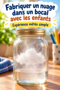 Un enfant créant un nuage dans un bocal pendant une expérience scientifique à la maison.