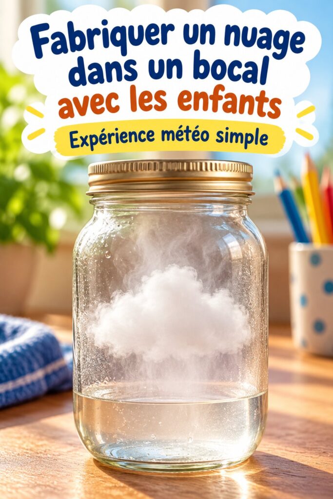 Un enfant créant un nuage dans un bocal pendant une expérience scientifique à la maison.