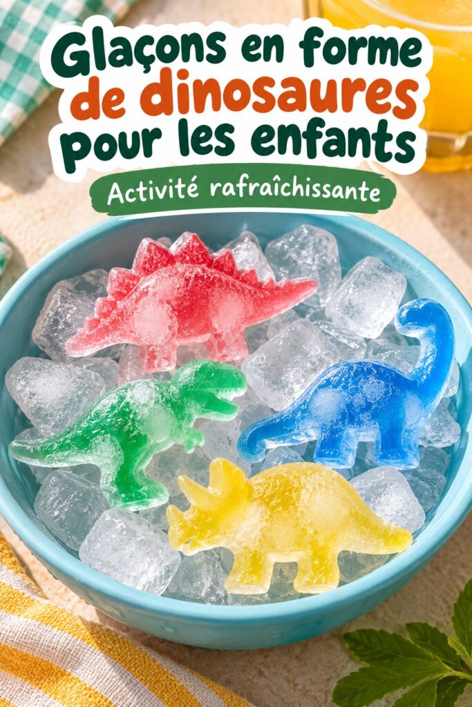 Des glaçons en forme de dinosaures dans un verre de limonade sur une table ensoleillée.