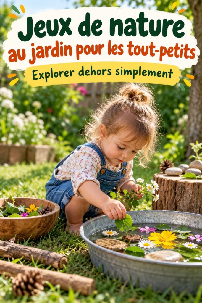 Enfants jouant dans un jardin avec des jeux de nature