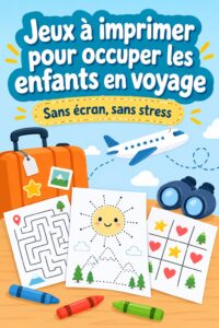Jeux à imprimer pour enfants en voyage, avec un enfant heureux jouant durant le trajet.