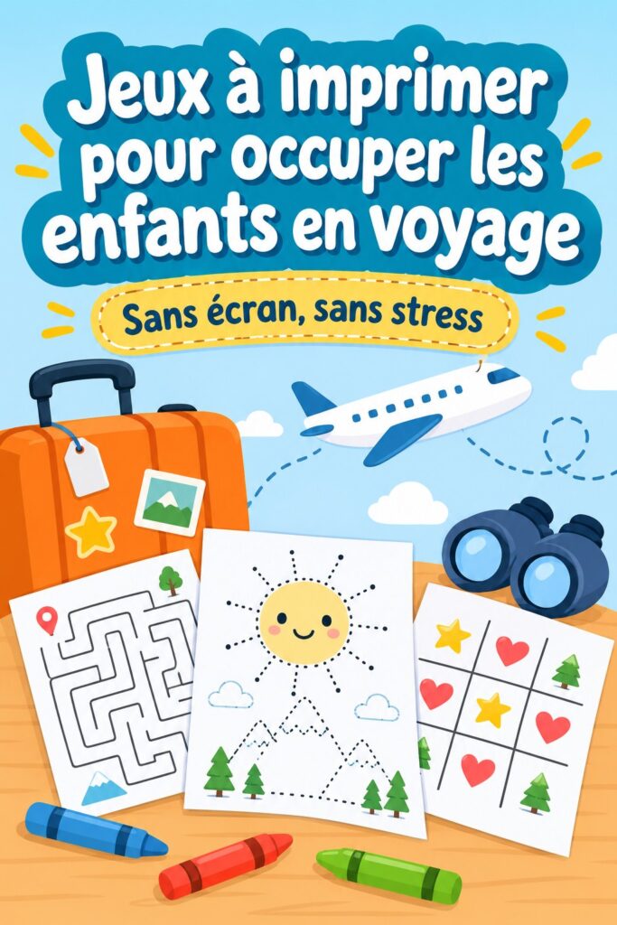 Jeux à imprimer pour enfants en voyage, avec un enfant heureux jouant durant le trajet.