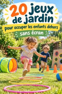 Jeunes enfants jouant dans un jardin avec des jeux d'extérieur