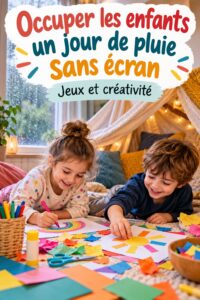 Des enfants jouant ensemble à des activités créatives sans écran pendant un jour de pluie.