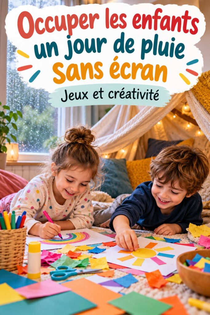 Des enfants jouant ensemble à des activités créatives sans écran pendant un jour de pluie.